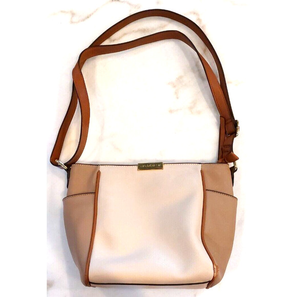 Liz Claiborne Two-tone Brown‎ and Cream Faux Leather Tote Satchel Handbag Purse - Picture 1 of 16